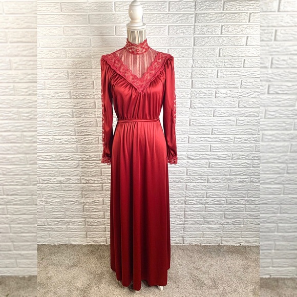 Vintage Dresses & Skirts - Vintage Burgundy Satin Lace Cottagecore Maxi Dress